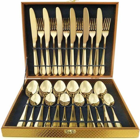 Perfect Holiday Gift 24-Piece Gold Forged Stainless Steel Flatware Set, Service - Picture 1 of 14